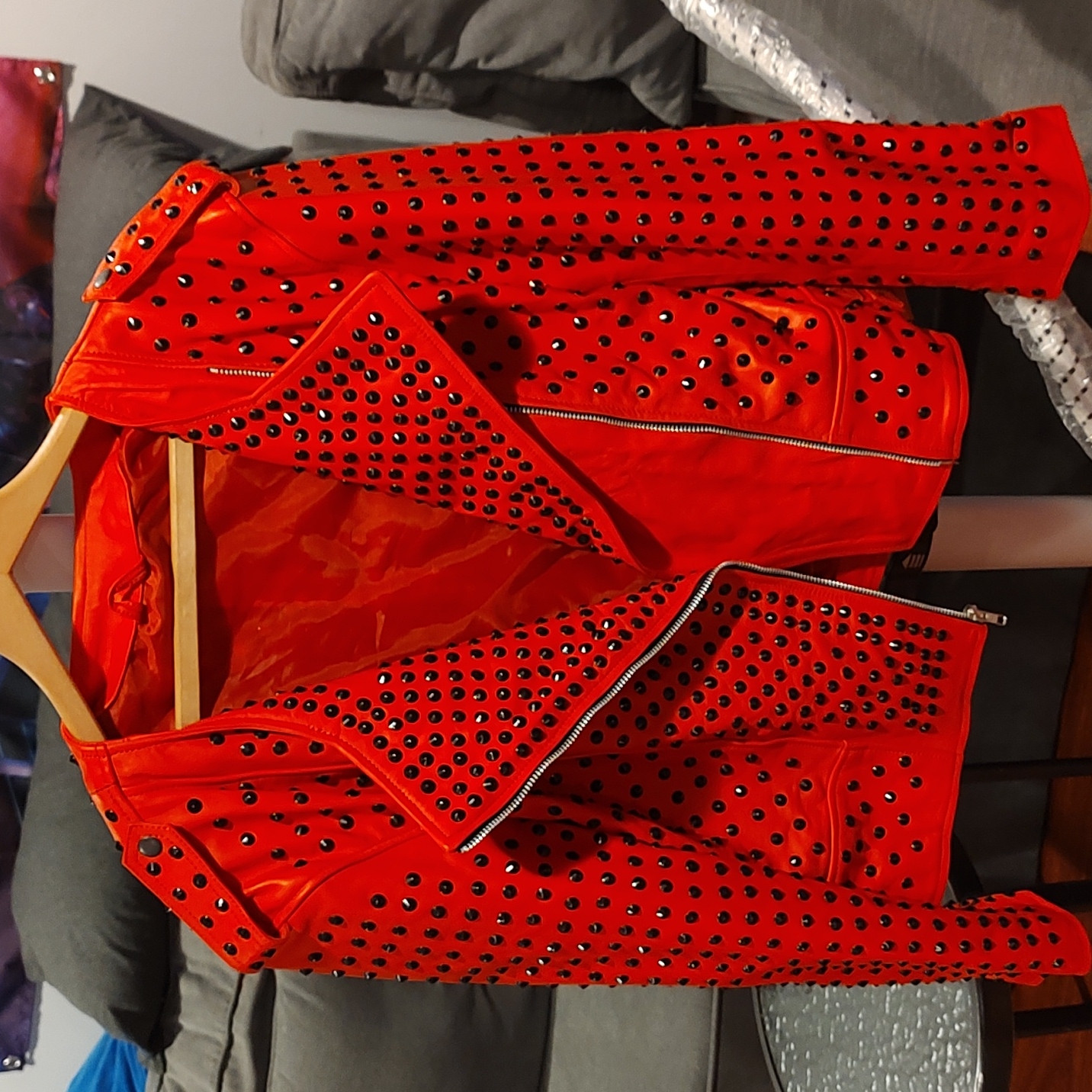 Heavy Red Leather Custom Made Jacket With Black Studs.